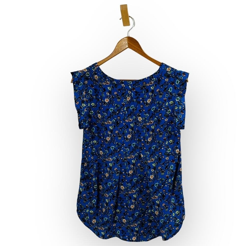 Pleione Floral Blouse Small‎ Blue V Neck Cap Sleeve Popover Boho - Picture 3 of 10